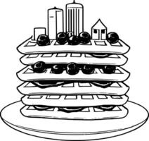 Waffle Stack Topped With Blueberries And Building Shapes On A White Plate Cartoon Style vector