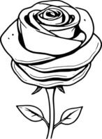 Elegant Rose Flower With Stem And Leaves In Black And White Outline Simple Illustration Style vector