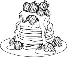 Stack Of Pancakes With Fresh Strawberries And Golden Syrup Drizzled On Top Isolated On White vector