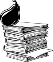 Stylized Pear Perched Atop Stack Of Books In Black And White Line Art Illustration vector