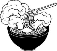 Stylized Bowl Of Noodles With Cauliflower And Egg Yolk Served With Chopsticks vector