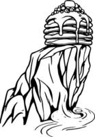 Surreal Pancakes Stacked on Rocky Cliff with Rainbow Syrup Flowing into a Pool vector
