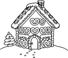 Whimsical Pretzel House With Snow And Small Tree In Black And White Line Art Style Illustration vector