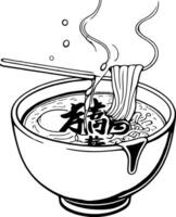 Steaming Bowl Of Noodles With Chopsticks And Chinese Characters In Black And White Illustration vector