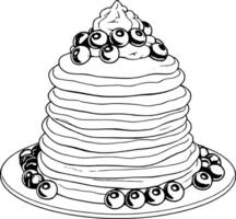 Tall Stack Of Fluffy Pancakes Topped With Cream And Fresh Blueberries On A White Plate vector