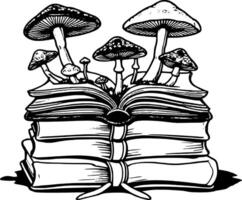 Stack Of Old Books With Colorful Mushrooms Growing From The Pages Isolated On vector