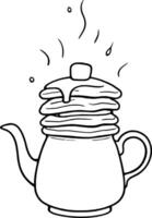 Steaming Pancakes Stacked Atop a Teapot Black and White Line Art Minimalist Style vector