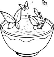 Serene Green Tea Bowl with Floating Butterflies in Artistic Line Drawing Style vector