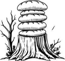 Stack Of Breads On A Tree Stump With A Bare Tree Branch Black And White Graphic Illustration vector