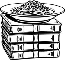 Monochrome Spaghetti Dish Balanced Atop Stack Of Four Books In Artistic Composition vector