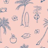 Seamless pattern with elements in Hawaiian style. Sea, palm tree, surf, sea creatures. Summertime design for textile, fabric, wrapping paper, cover vector