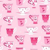Seamless pattern with vintage cups in pink tones. graphics. vector