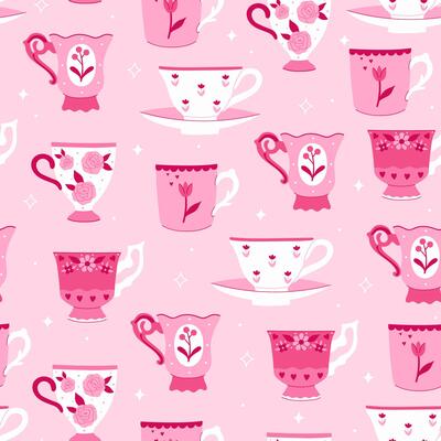 Seamless pattern with vintage cups in pink tones. graphics.