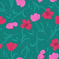 Seamless pattern with pink and red tulips on a green background. graphics. vector
