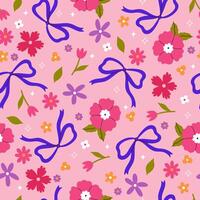 Seamless pattern with flowers and blue bows. graphics. vector