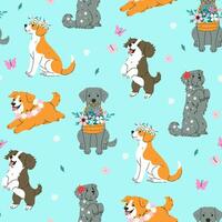 Seamless pattern with cute summer dogs and flowers. graphics vector