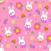 Seamless pattern with cute bunny faces, bows and flowers. graphics vector