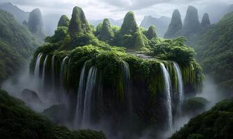 Lush Island Waterfall Cascading Down Verdant Cliffs photo