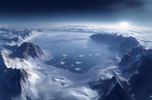 Aerial View of a Frozen Lake Surrounded by Snow Covered Mountains photo