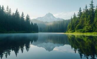 Mountain Lake Reflected In Tranquil Waters Surrounded By Evergreen Trees photo