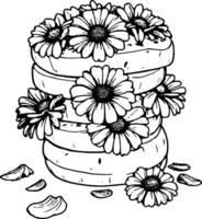Stack Of Round Cakes Adorned With Bright Orange Flowers And Scattered Petals On Plain White Backg vector