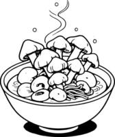 Steaming Bowl Of Mushroom And Noodle Soup A Whimsical Culinary Illustration With Delicate Details vector