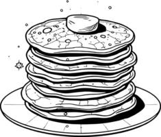 Stack Of Delicious Pancakes Topped With Butter On A Plate Black And White Line Art vector