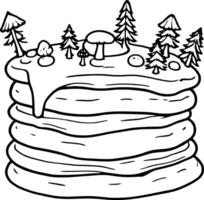 Stack Of Pancakes Topped With Trees And Mushrooms In Black And White Line Art Style Illustration vector