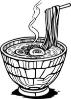 Steaming Bowl Of Asian Noodles With Eggs And Chopsticks In Black And White Illustration vector