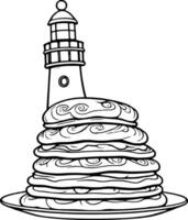 Whimsical Lighthouse Topping Stack Of Pancakes On Plate Black And White Line Art vector