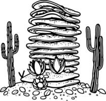 Black And White Illustration Of Stacked Flatbreads With Cacti And Desert Plants vector