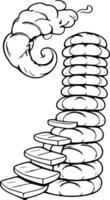 Whimsical Stairway To Cloud With Stone Steps And Stacked Rock Foundation In Black And White Outline vector
