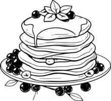 Stack Of Delicious Pancakes With Cream Berries And Leaves On A White Plate Illustration vector