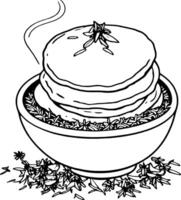 Stack Of Hotcakes In A Bowl With Herbs And Steam On Hand Drawn Style vector