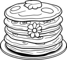 Stack Of Pancakes With Butter And Flower On Plate Black And White Line Art Style Illustration vector