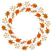 Freehand Autumn twigs Berry sprigs Oak and Maple Leaves Circle Frame border Copy space Template idea. Isolated illustration Greeting Invitations cards, leaflet, price, label or web promo banner vector