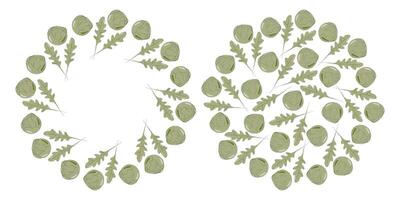 Arugula leaves Brussels sprout heads Circle Frame and Round Background Copy space Template idea Set. Isolated illustration Thematic cards, poster, leaflet, price tag, label or web promo banner vector