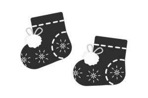Knitted Booties with buboes and snowflakes pattern in grayscale Sticker Icon Logo Cards element idea. Isolated illustration Thematic Invite Party Cards or web promo banner, leaflet, poster, tag vector