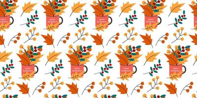 Dry leaves and twigs Bouquet Arrangement in cup with Hello Autumn text Seamless Pattern Fall shades. Isolated illustration Autumn Thematic Cards, Greeting Invite, leaflet, label or promo banner vector