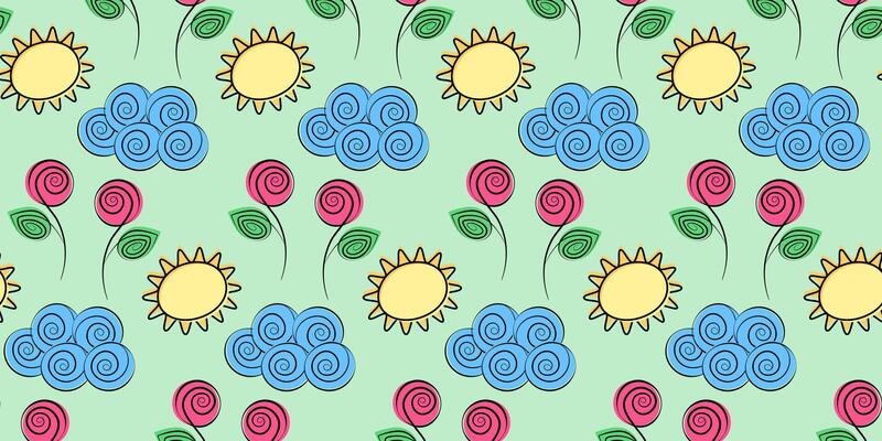 Stylized Roses on stem, Cloud and Sun Seamless Pattern on soft green Springtime Background Texture. Isolated illustration Seasonal Thematic Cards Wrapping Wallpaper or web promo banner, leaflet
