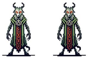 A pixel art creature with glowing red eyes horns and a robe evoking dark fantasy and mystery isolated on white background vector
