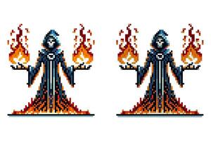Pixel art wizard in a dark robe with blue and orange accents wielding fire magic in both hands on white background vector