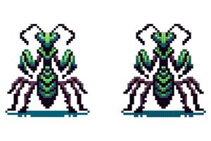 Pixel art image of a bright green mantis with detailed segments and realistic front legs in an impressive pose vector