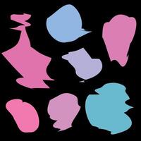 Irregular color blobs on solid black background. Painterly shapes resembles color splash. Playful abstract with organic forms. Minimalist visual. For digital prints, modern decor, graphic elements. vector