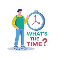 Man against Clock asking, Whats The Time, Cartoon illustration, young man Stands in front of a giant clock, Time Management vector
