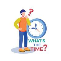 Time Management Man against Clock asking, Whats The Time, Cartoon illustration, young man Stands in front of a giant clock vector