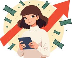 A woman holding a tablet computer with money coming out of it vector