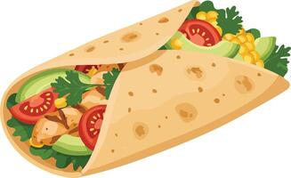 A burrito with vegetables and meat on it vector