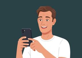 Young Man Smiling While Looking at Smartphone vector