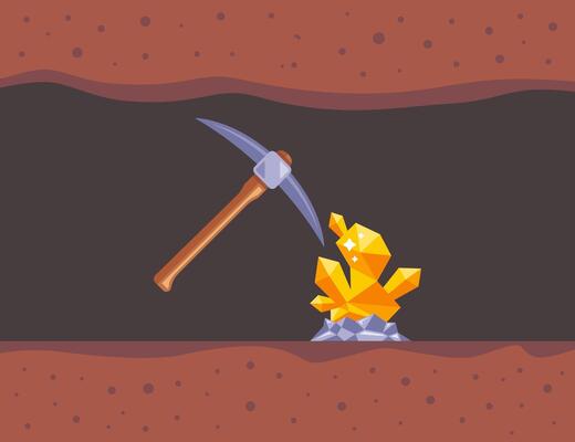 mine gold nuggets. pickaxe extracts minerals.
